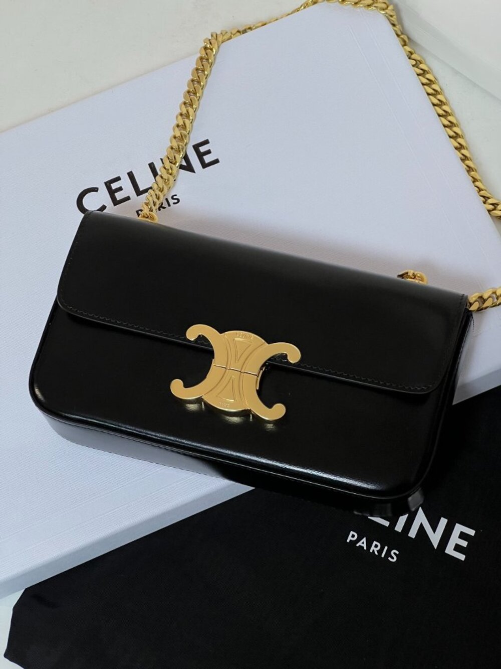 ✨Celine Triomphe Black Leather Shoulder Bag Gold Triomphe Hardware Crossbody Han